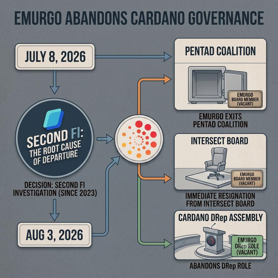 Infografia EMURGO abandona la gobernanza de Cardano: Pentad, Intersect, DRep
