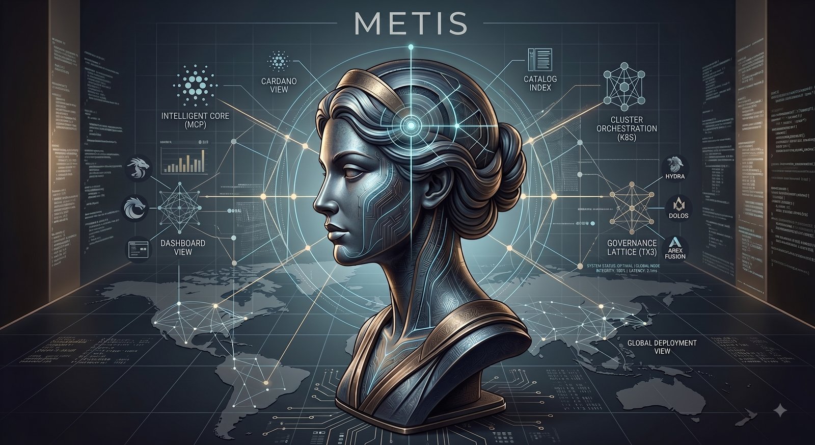 Diagrama de la arquitectura de Metis: núcleo inteligente MCP al centro, orquestación de clúster en Kubernetes, índice de catálogo, lattice de gobernanza Tx3 y cargas de trabajo Cardano, Hydra, Dolos, Midnight y Apex Fusion sobre un despliegue global.