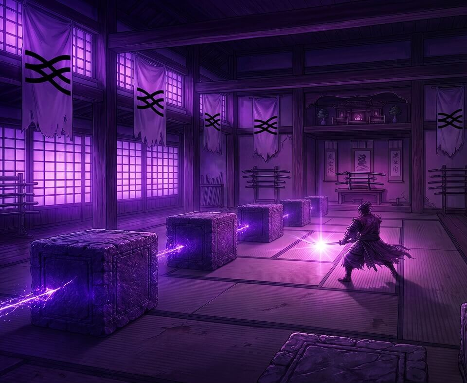 Samurái en un dojo tradicional japonés. Ilustración oficial del proyecto Musashi Dojo para Ouroboros Leios.