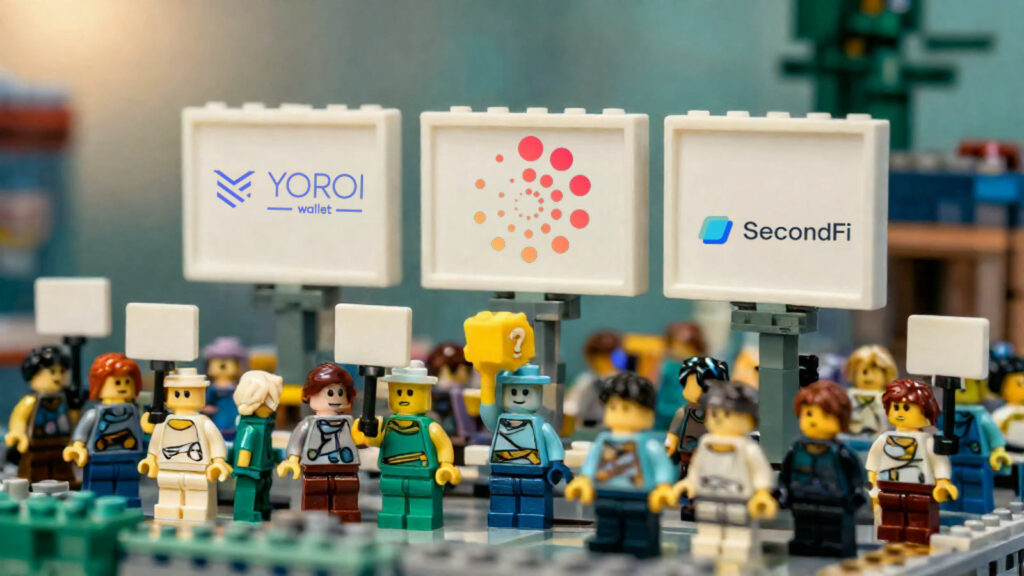 LEGOで作られた広場に、YOROIウォレット、Emurgoのロゴ、SecondFiの看板が並び、白いプラカードを持つミニフィギュアの群衆と「?」のブロックが並ぶ光景。