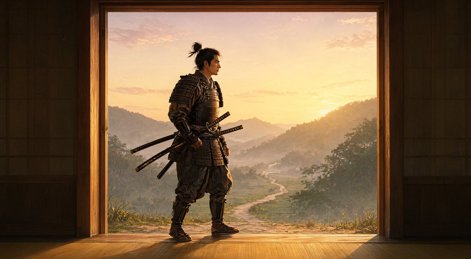 Samurái Musashi con sus dos espadas (tachi y kodachi) saliendo de un dojo hacia el amanecer. Ilustración de la serie Leios de ChileStakePo.