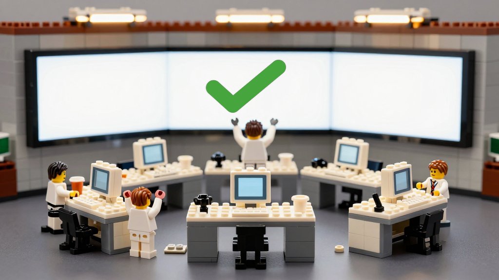 Illustration: LEGO mission control room with scientists celebrating and a green check mark on the big screen