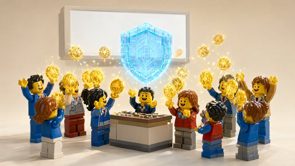 Diorama LEGO del rescate de SecondFi: minifiguras celebrando reciben monedas doradas de ADA en un mostrador, con un escudo de prueba de conocimiento-cero flotando encima, en azul y dorado.
